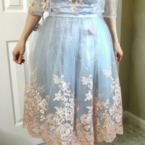 Vintage Chi Chi Prom Dress Size 6 Blue Gray Lolita Embroidery Party British NWT - Picture 9 of 15